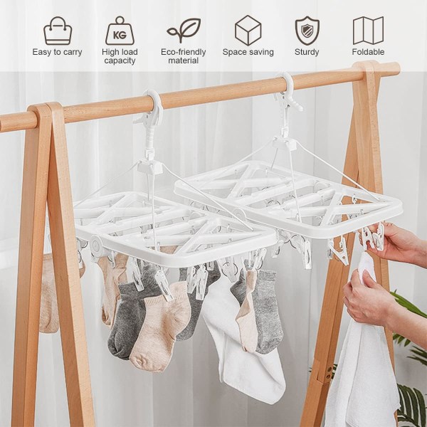 2 st hopfällbar klädhängare Plast Bärbar underkläder hängande torkställning med 360 graders roterbara klämmor Tvättdropphängare