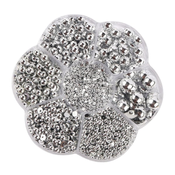 Halvrunda pärlpärlor för nagelhantverk, flatback halva pärlor blandade 7 storlek (2/3/4/5/6/8/10 mm) Craft Pearl Gems silver