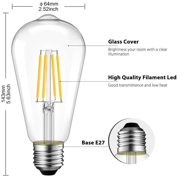 LED Vintage Edison-lampa klar glödtråd, ej dimbar 12