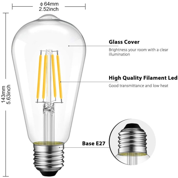 LED Vintage Edison-lampa klar glödtråd, ej dimbar 15