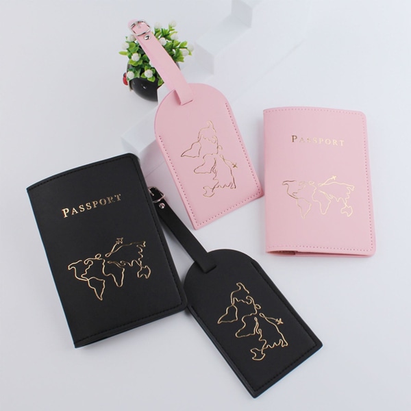 Varmstämpling Världskartan Pu Läder Case Hållare Med Bagageetiketter Resa Kreditkortsskydd För Kvinnor Par Pink