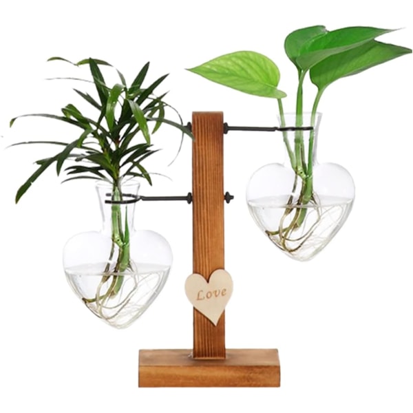 Glasväxtterrarium med trästödstativ Kreativ hjärtform skrivbordskruka i glas Hydroponiska vaser double vase
