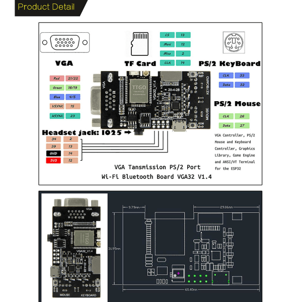 Vga Vga32 för Esp32 Modul V1.4 Controller Ps/2 Mus Tangentbord Grafikbibliotek