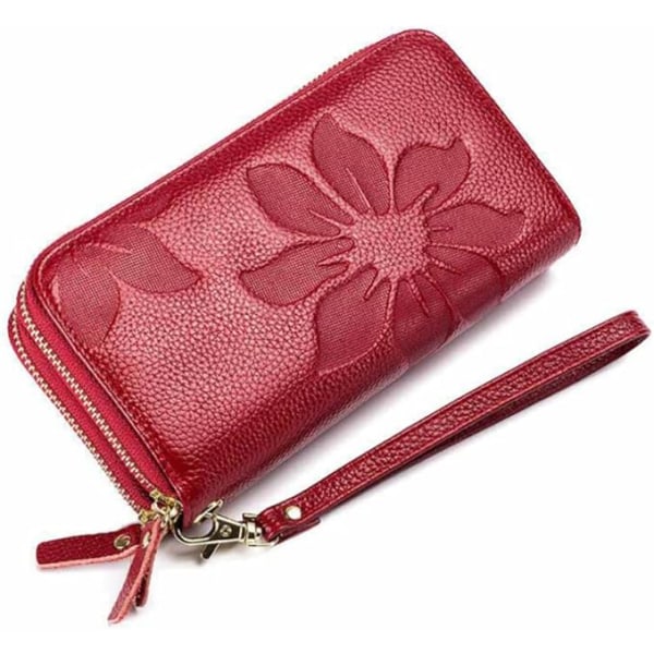Dragkedja runt kopplingen Handhållen läderväska med stor kapacitet med mobilfack Röd handhållen plånbok med armband Röd