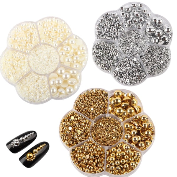 Halvrunda pärlpärlor för nagelhantverk, flatback halva pärlor blandade 7 storlek (2/3/4/5/6/8/10 mm) Craft Pearl Gems beige