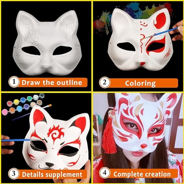 Vit pappersmask kattansikte - 10 stycken, papperstom handmålad mask, personlig design, lämplig för Halloween fancy d