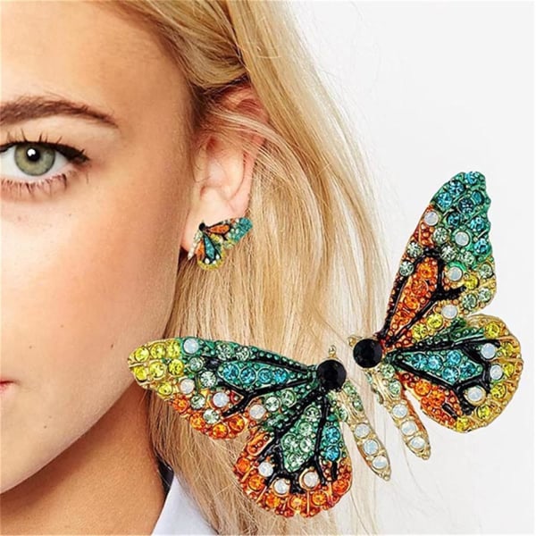 2 par Crystal Butterfly örhängen Färgglada 3D Animal Stud örhängen för kvinnor tjejer (grön)