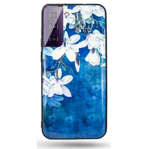 Samsung Galaxy S21 Skal - Blått med Vita Blommor