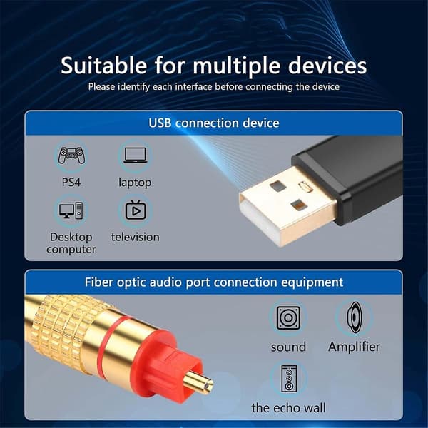 USB til optisk lydadapter, USB A til fiberoptisk lyd SPDIF-portforbindelseskabel kompatibel med computer bærbar computer Black