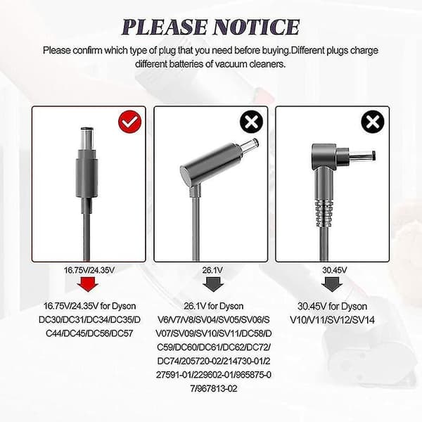 16.75V/24.35V Oplader - Kompatibel med Dyson DC30/DC31/DC34/DC35/DC44/DC45/DC56/DC57 Støvsugerbatteri