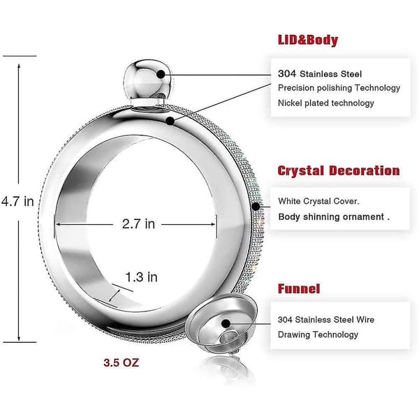 Armbånds-Flask Bangle Flasks Kreativt Rustfritt Stål 304 og Hip Flask Traktsett For Kvinner 3,5 Oz Sølv Silver
