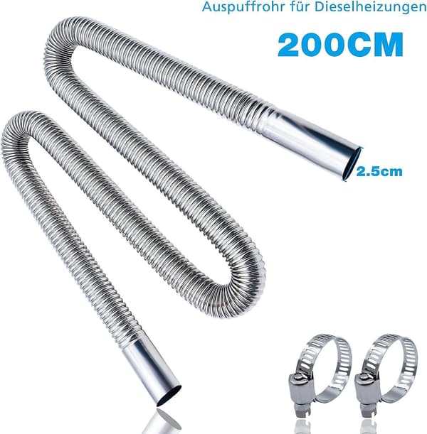 200 cm udstødningsslange: Rustfrit stålrør, 25 mm diesel, 2 klemmer