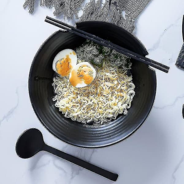 6-delt Ramen Skålsæt Japansk Stentøj med Spisepinde Ske Sort