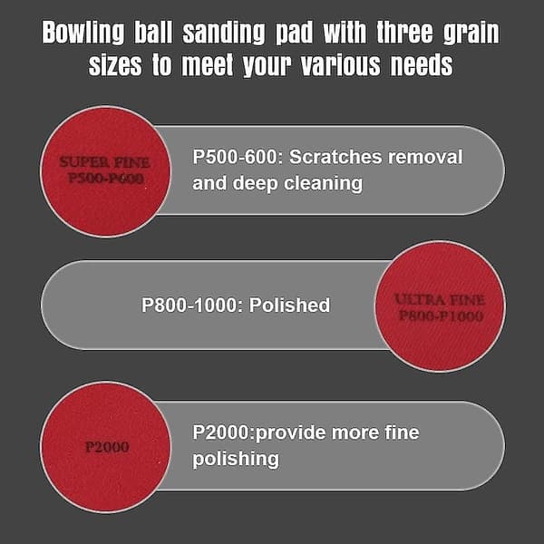 9 stk. sett med slipeputer for bowlingballer 500/1000/2000 korning med håndkle