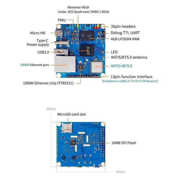 För Orange Pi Zero 3 1GB RAM Utvecklingskort DDR4 Allwinner H618
