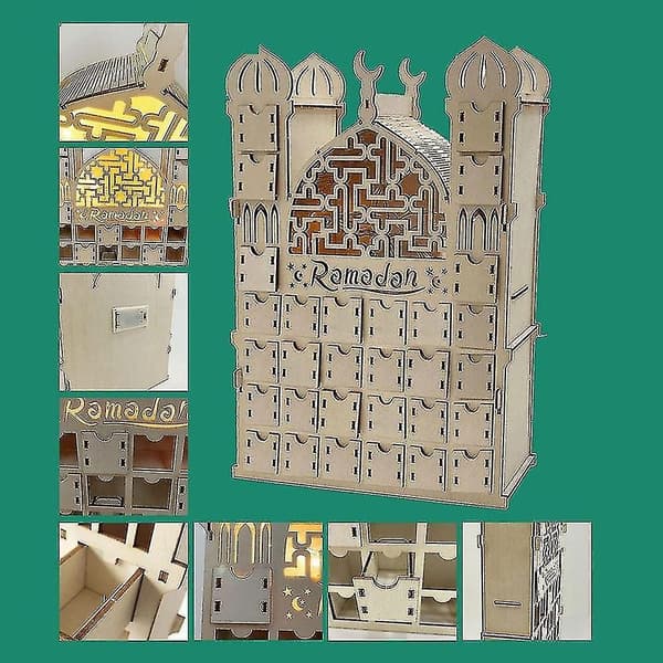 Ramadan-kalender, gjenbrukbar kalender i tre med 30 skuffer, Eid Mubarak-dekorasjon