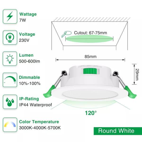 6-pack 7W Smala Dimbar LED Downlights 67-75mm Steglös CCT 2700-6000K Utskärning Vit Finish IP44CE