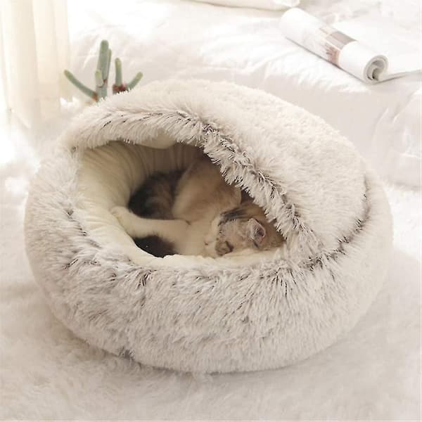 Fluffy katteseng, rund, myk plysj, hule med hette, katteseng