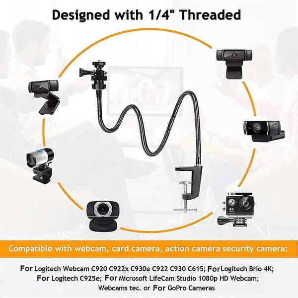 Fleksibelt webcamstativ med svanehals, bordmontering kompatibel med Logitech C920 Brio C930e