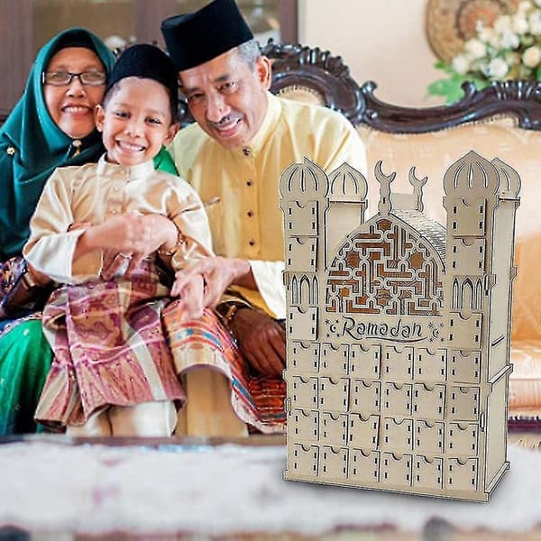 Ramadan-kalender, gjenbrukbar kalender i tre med 30 skuffer, Eid Mubarak-dekorasjon