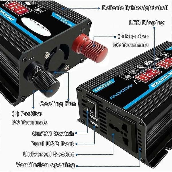 4000W 12V til 220V/110V LED AC Bilomformer Laderadapter med Dobbel USB, Modifisert Sinusbølge