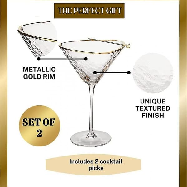 Sæt med 2 hamrede martiniglas med guldkant, forgyldte cocktailpinde, unikt design