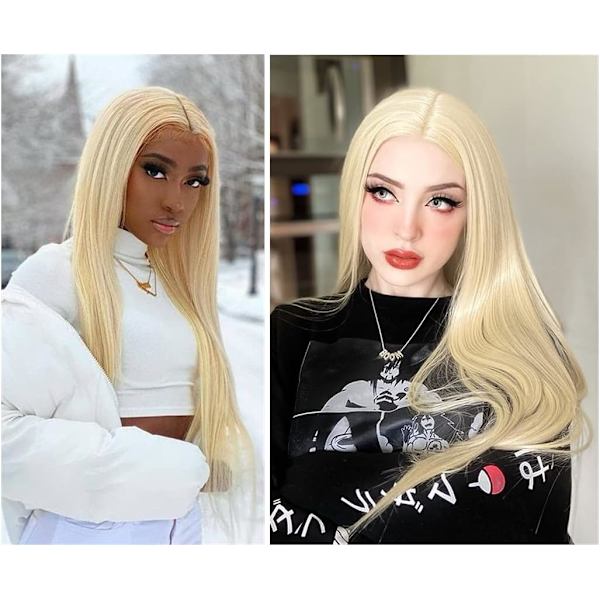 613 Blond lång rak peruk för kvinnor spets frontperuker med midd
