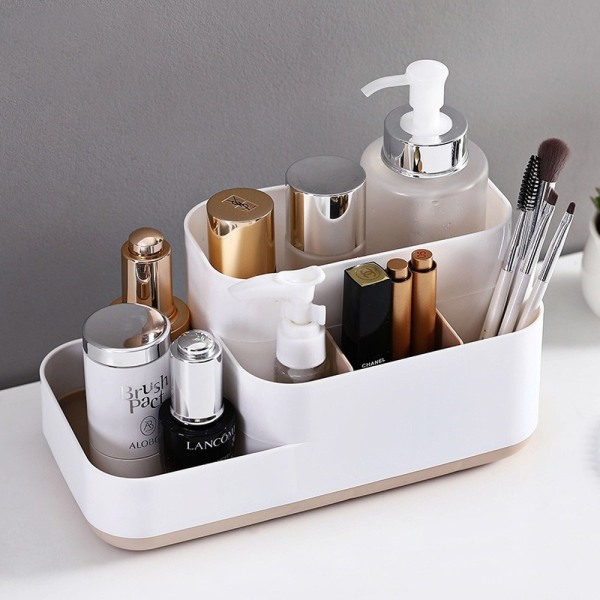 Makeup Organizer Box Kosmeettisen säilytyslaatikon laatikko white+khaki 23x13x12cm