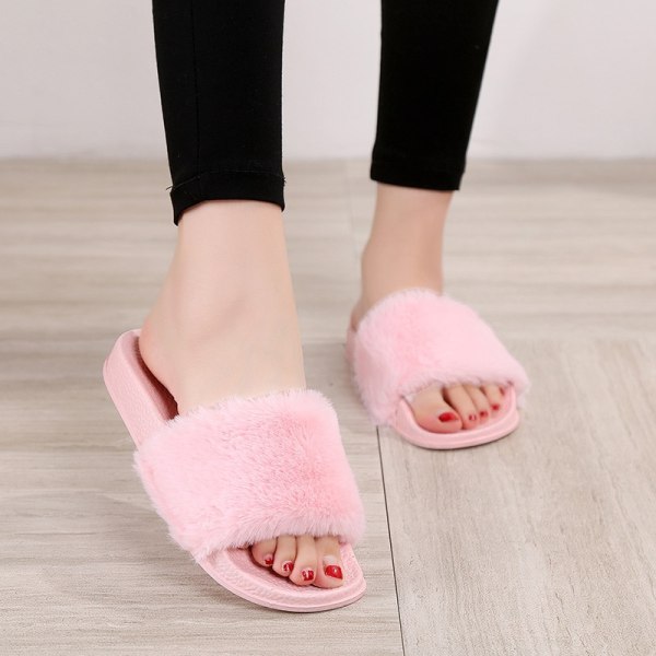 Hjemmesko Dame Flade Sko Kvinde Dame Fur Flip Flops Pink 36