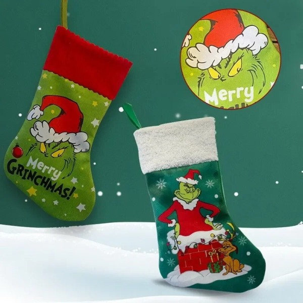 Grønne sokker julegaveposer tegneserie julemand juletræ vedhæng light green socks 35x20cm