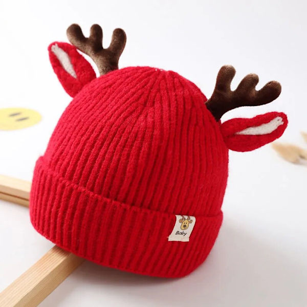 Christmas Stickad Baby Beanie Söt Deer Ear Tjock varm mössa Enfärgad red