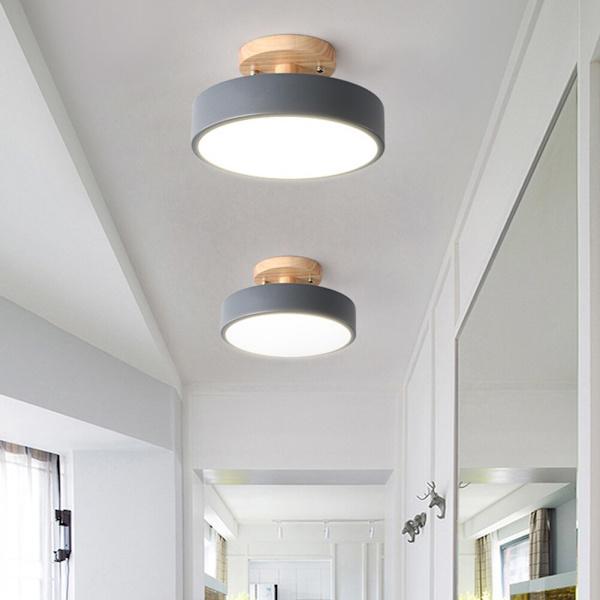 Nordisk Rund Led Loftslampe Trækorn Lys Loftslys Hjem Soveværelse Belysning til Køkken Gang Indretningsarmaturer gray