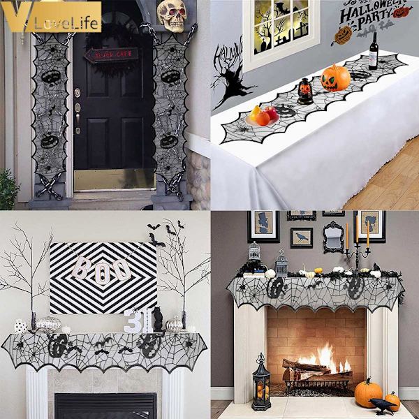 Halloween cover spets bordsduk matt svart pumpa Bat black 46*183cm