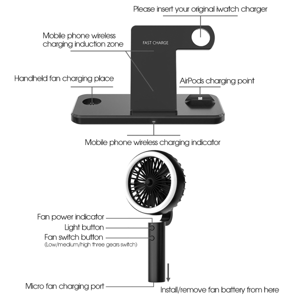 Travor Trådlös Laddare Desktop Folding Battery Booster black with Battery