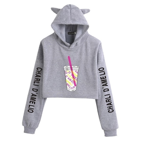 kvinders katteører beskåret sweatshirt afslappet harajuku hættetrøje Grey size-M