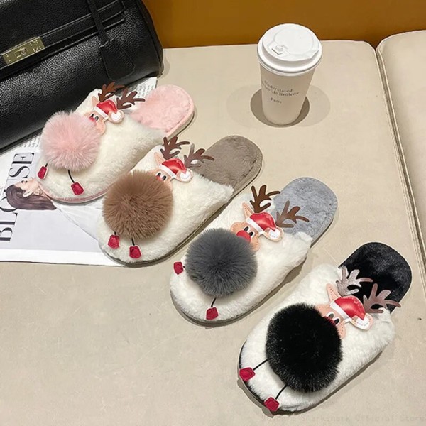 Christmas Älg Plysch Home Tofflor Dam Vinter Varma Furry Slides Skor pink 38-39(fit 37-38)