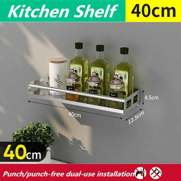 Multi-Purpose Køkken Opbevaring Vægmontering Spice Rack Hyldebeslag Silver-40cm