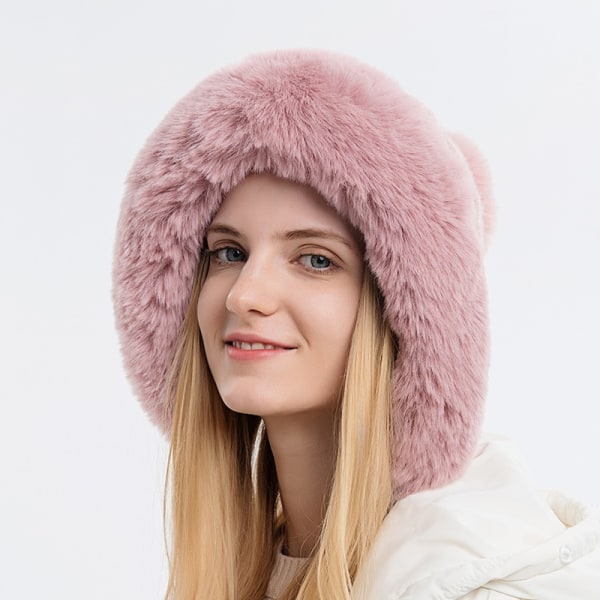 Vinter varm stickad mössa päls öronlapp Tjocka plysch fluffig cap pink 56-58cm