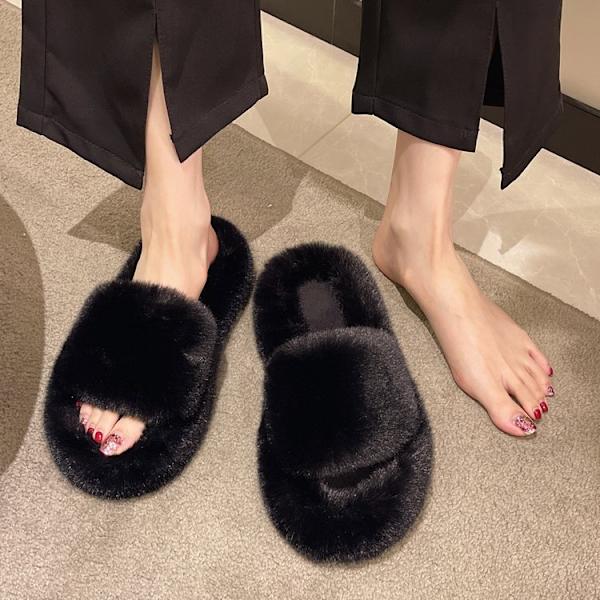 Dame Fluffy Slippers Vinter Pels Rutsjebaner Varm Flip Flop khaki 40