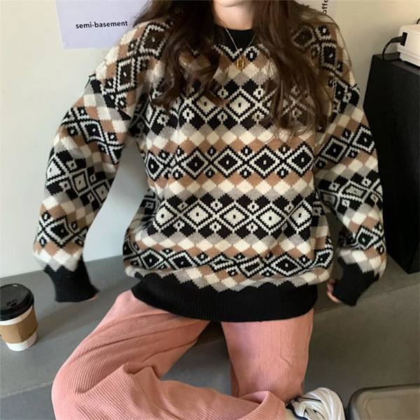 dam stickad tröja höst vinter jul pullover dam coffee one size