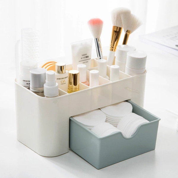 Makeup Organizer Box Multifunktions skrivbordsförvaringsbox white+blue 21*11*10cm