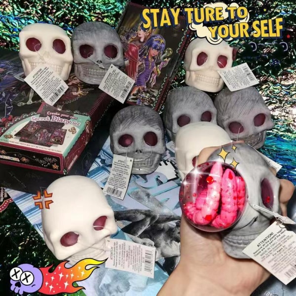 Goottilainen nipistys aistinvarainen kallo pää fidget lelu purista stressiä aikuisten tuuletusaukko puristava lelu Halloween kauhu white