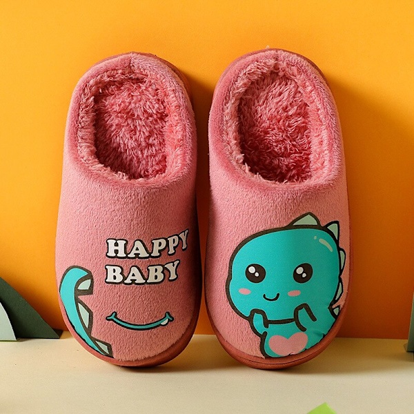 Vinter barntofflor Dinosaur Varm plysch inomhus Höst Halkfri mjuk plysch tofflor pink 32-33(insole 19cm)