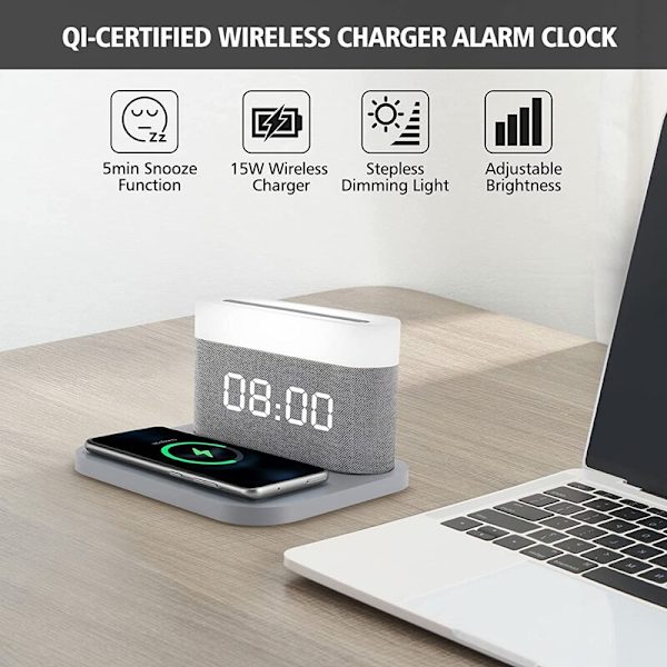 Trådlös laddning med digital väckarklocka LED 3 Växeljustering Nattljus 15W Touch Sänglampa Justerbar gray china