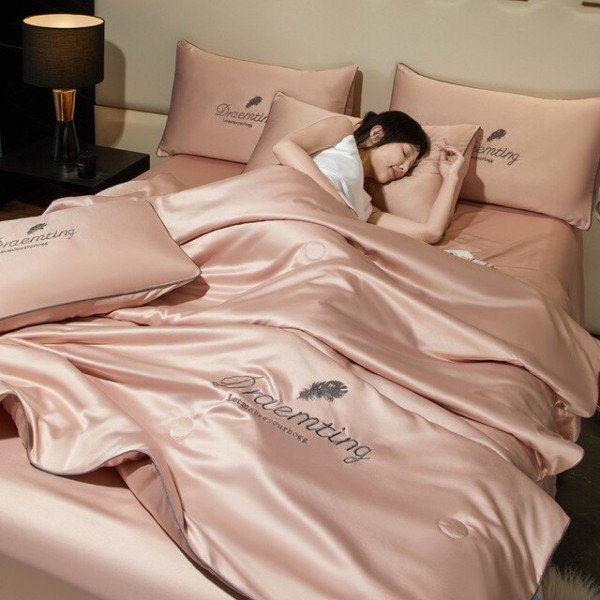 Lätt Lyx Tvättad Sommar Cool Quilt Is Silke Luftkonditionering Quilt Enkel Dubbel Tunn Filt Sängkläder Tender pink 200x230cm 4pcs set