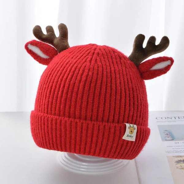 Jul Strikket Baby Beanie Cute Deer Ear Tyk Varm Hue Ensfarvet yellow