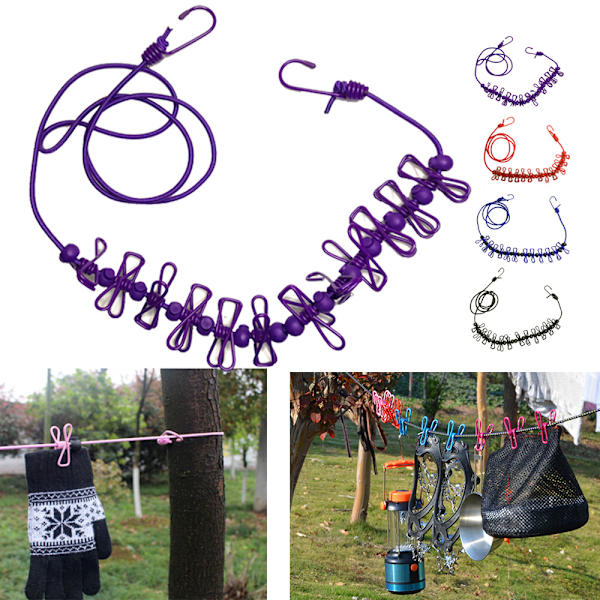 Udendørs camping skridsikker stretch tøjsnor med 12 klips black 12pcs
