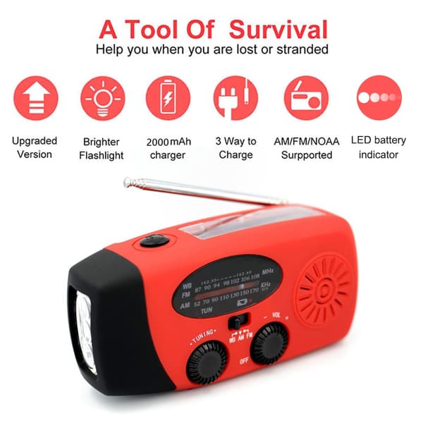 2000 mAh kampiradio aurinkokennoilla taskulampulla ja virtapankilla black