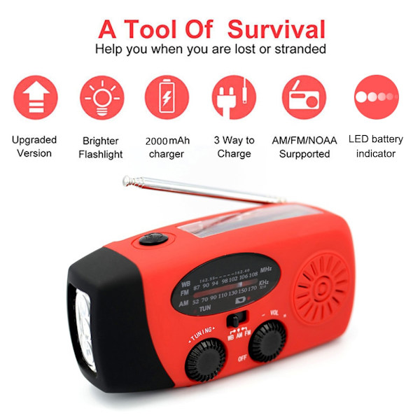 2000mAh Krankradio med Solceller Lommelygte og Powerbank red