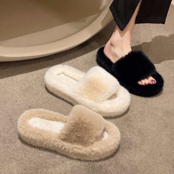 Dame Fluffy Slippers Vinter Pels Rutsjebaner Varm Flip Flop black 36